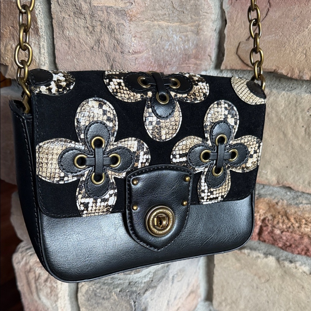 Lauren Ralph Lauren - Black Leather and Snakeskin Floral Crossbody Bag